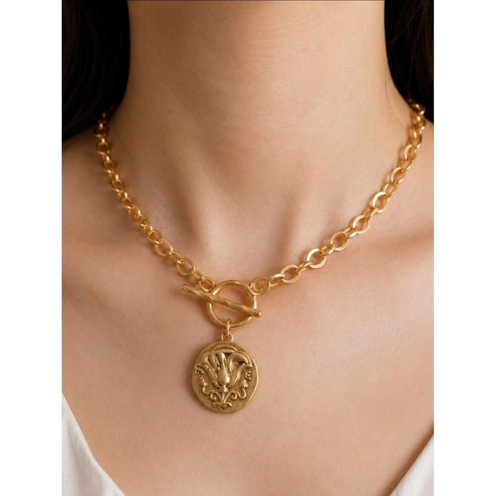 Gold Silver Coin Toggle Necklace Double Sided Medallion Pendant 18” Chain Dainty